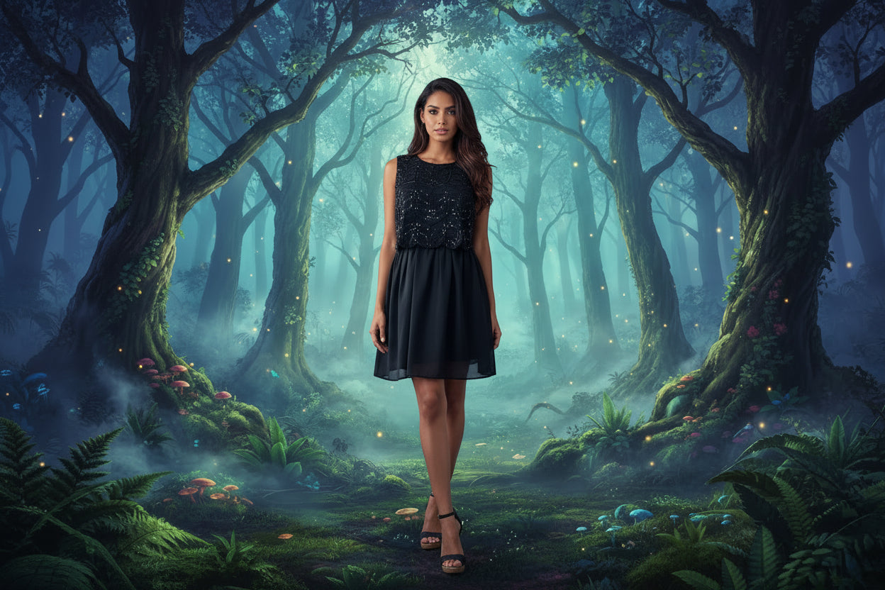 Smart Casual Black Dress with Sequence Bodice