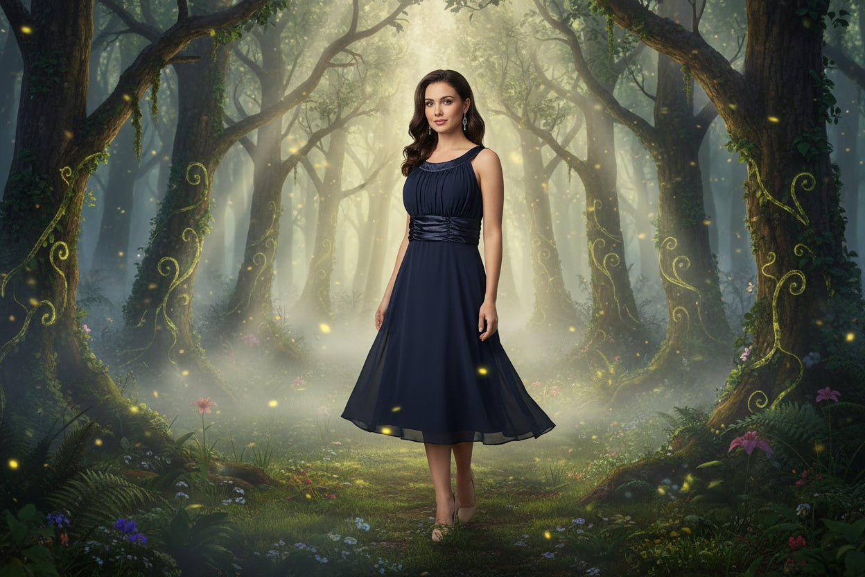 Navy Blue Dress with roughed waist and belt detail