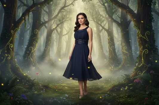 Navy Blue Dress with roughed waist and belt detail