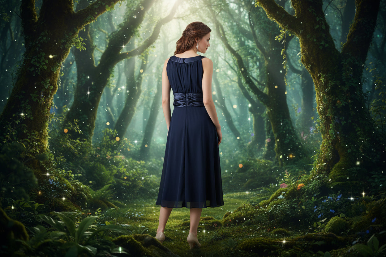 Navy Blue Dress with roughed waist and belt detail