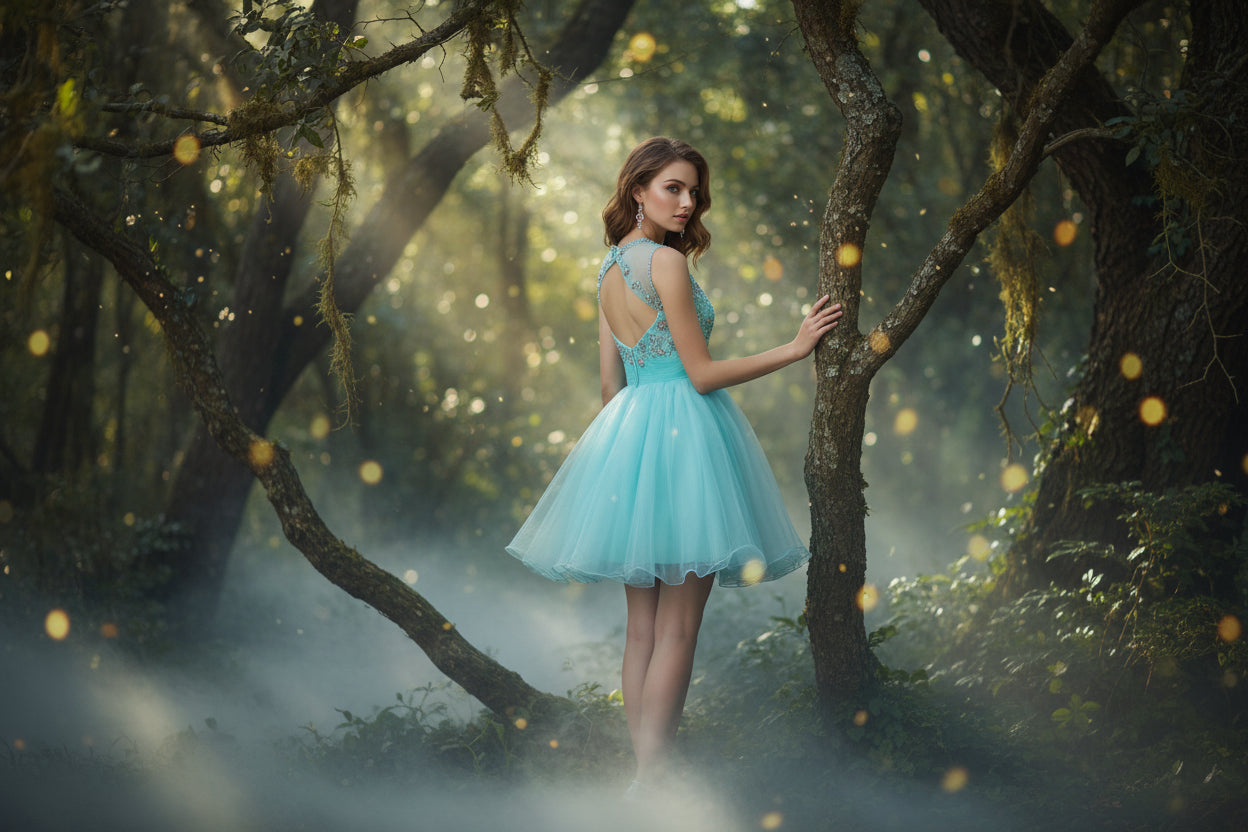 Turquoise Knee Length Dress with Crystals and Open Back