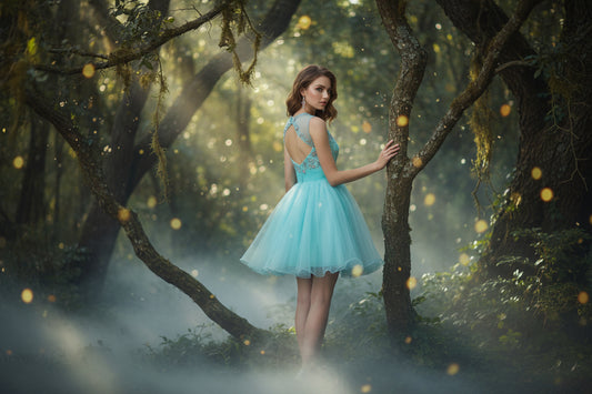 Turquoise Knee Length Dress with Crystals and Open Back